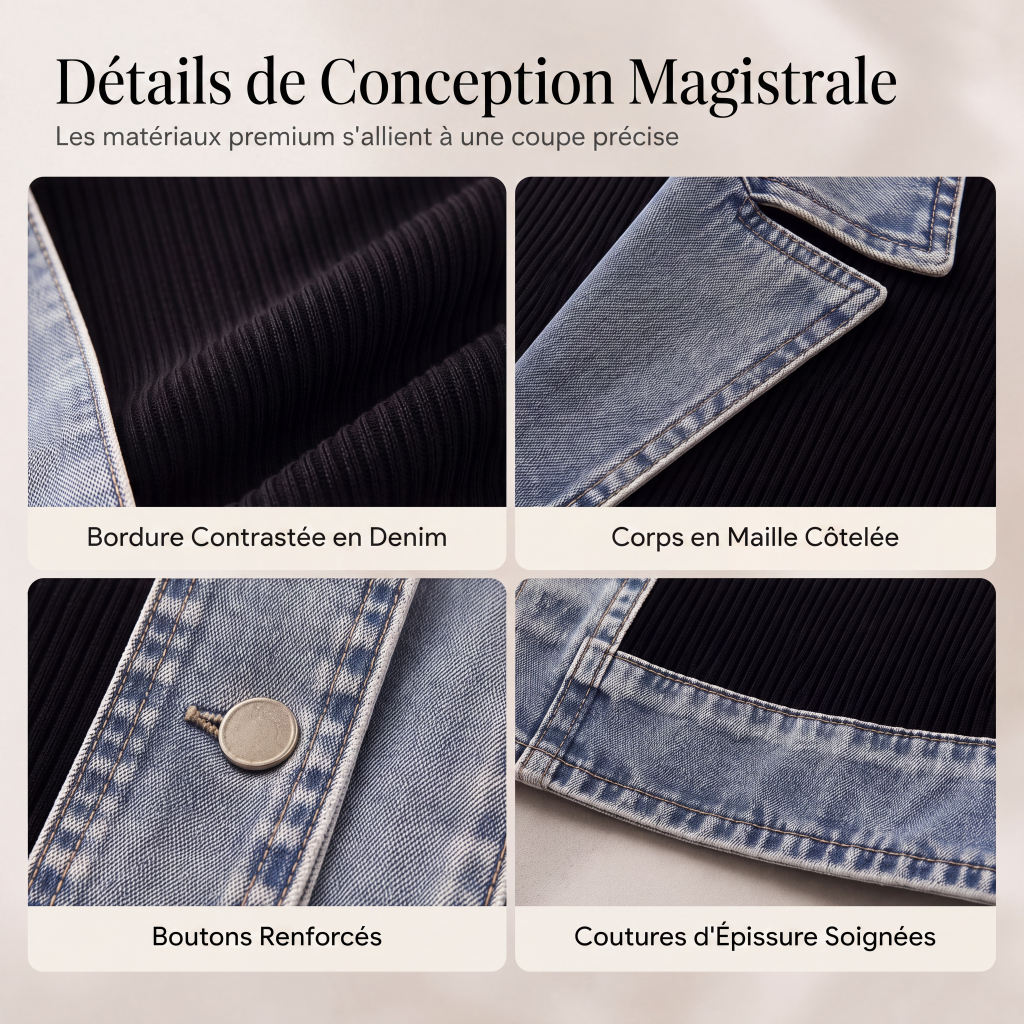 Manteau en maille côtelée élégant pour femme avec empiècements en jean