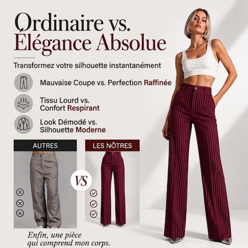 Pantalon large à rayures taille haute pour femme