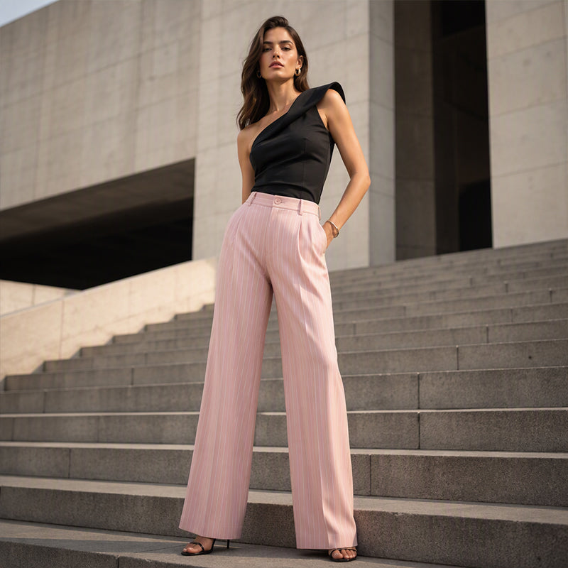 Pantalon large à rayures taille haute pour femme