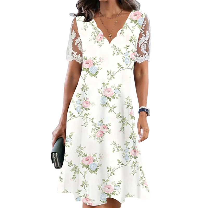 Robe Femme à Imprimé Floral et Manches en Dentelle