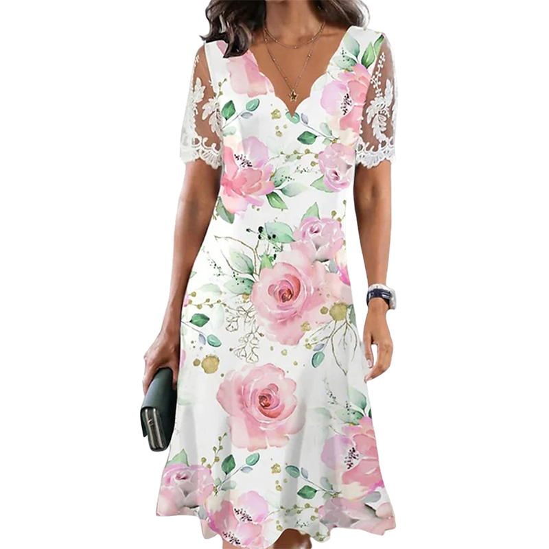 Robe Femme à Imprimé Floral et Manches en Dentelle