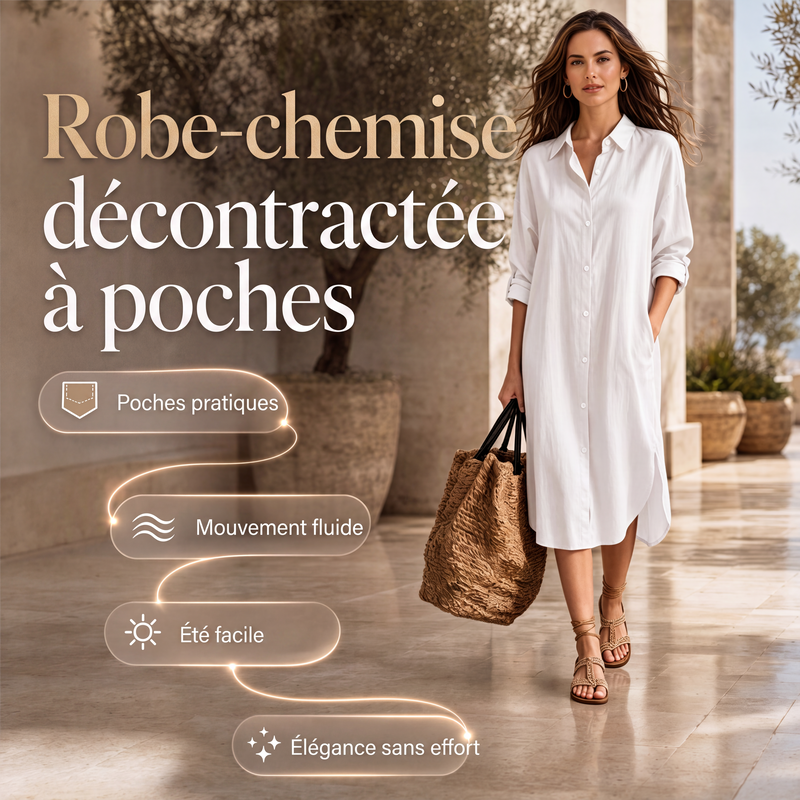 Robe chemise oversize pour femme en coton et lin avec poches