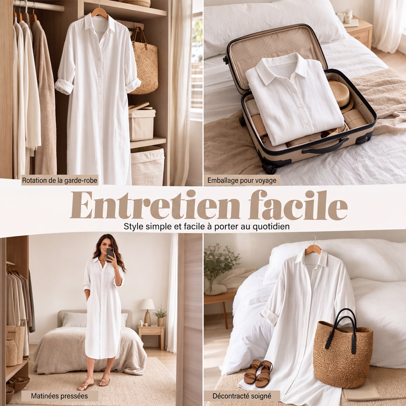 Robe chemise oversize pour femme en coton et lin avec poches