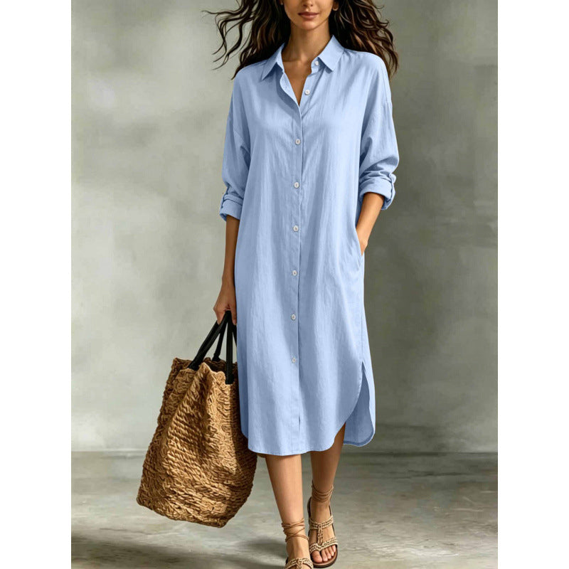 Robe chemise oversize pour femme en coton et lin avec poches