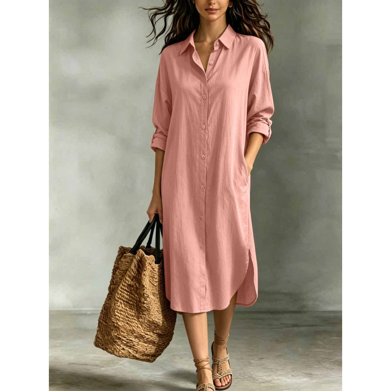 Robe chemise oversize pour femme en coton et lin avec poches
