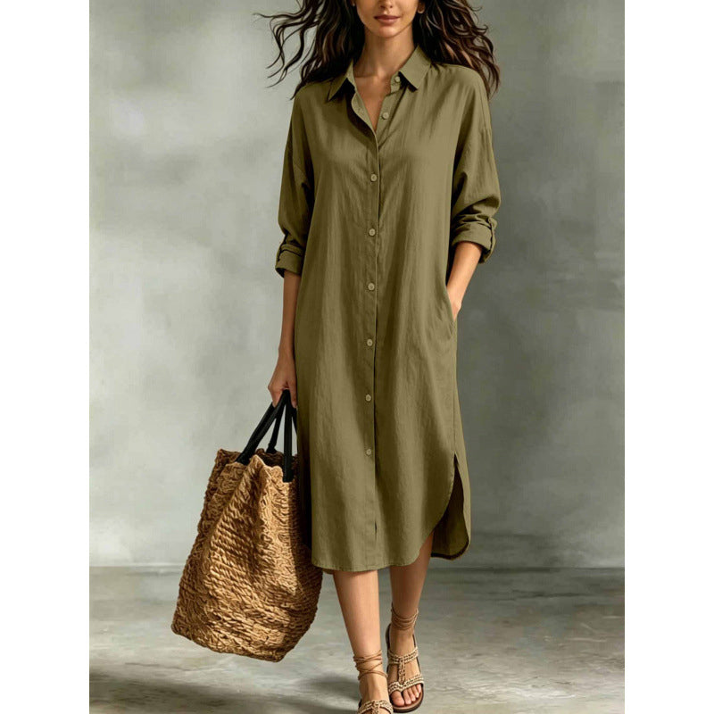 Robe chemise oversize pour femme en coton et lin avec poches