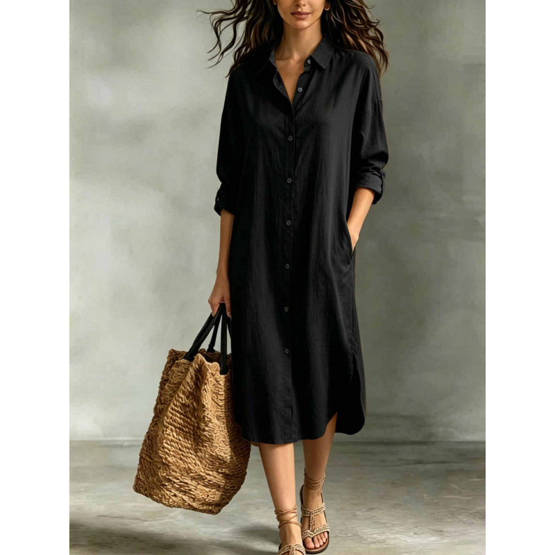 Robe chemise oversize pour femme en coton et lin avec poches