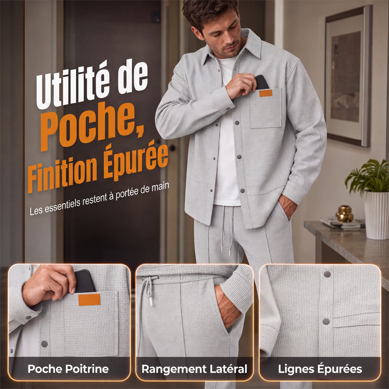 Ensemble décontracté deux pièces pour homme : veste et pantalon en maille gaufrée