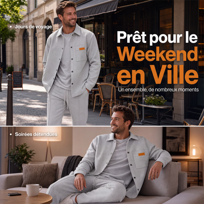 Ensemble décontracté deux pièces pour homme : veste et pantalon en maille gaufrée