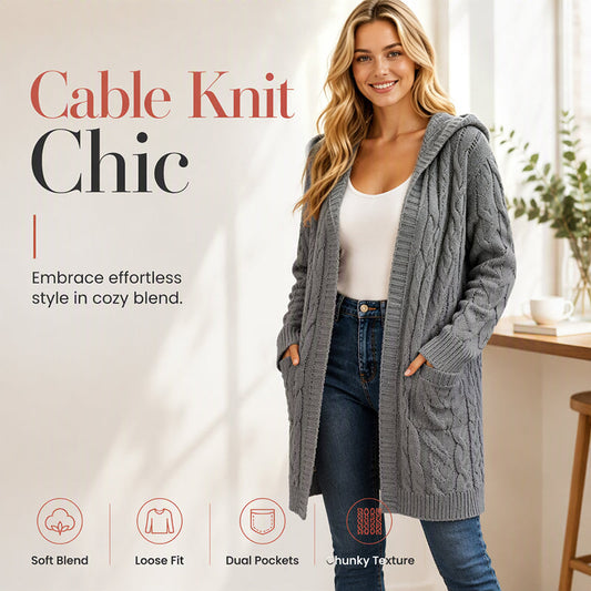 🔥 50% de réduction 🔥Cardigan long à capuche en maille pour femme, avec poches