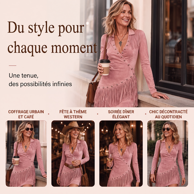 Robe longue à manches longues et franges pour femme, coupe ajustée