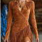Robe longue à manches longues et franges pour femme, coupe ajustée