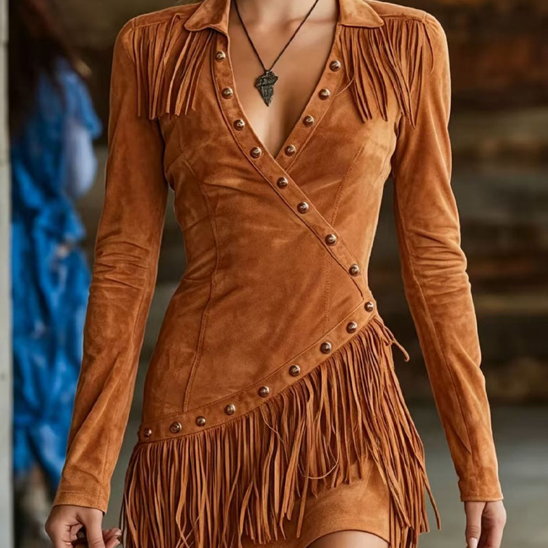 Robe longue à manches longues et franges pour femme, coupe ajustée