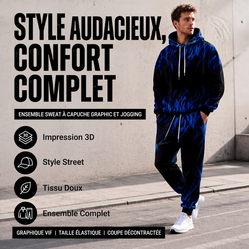 📢📢50% DE RÉDUCTION !! ⏰Ensemble sweat à capuche imprimé et pantalon de survêtement pour homme