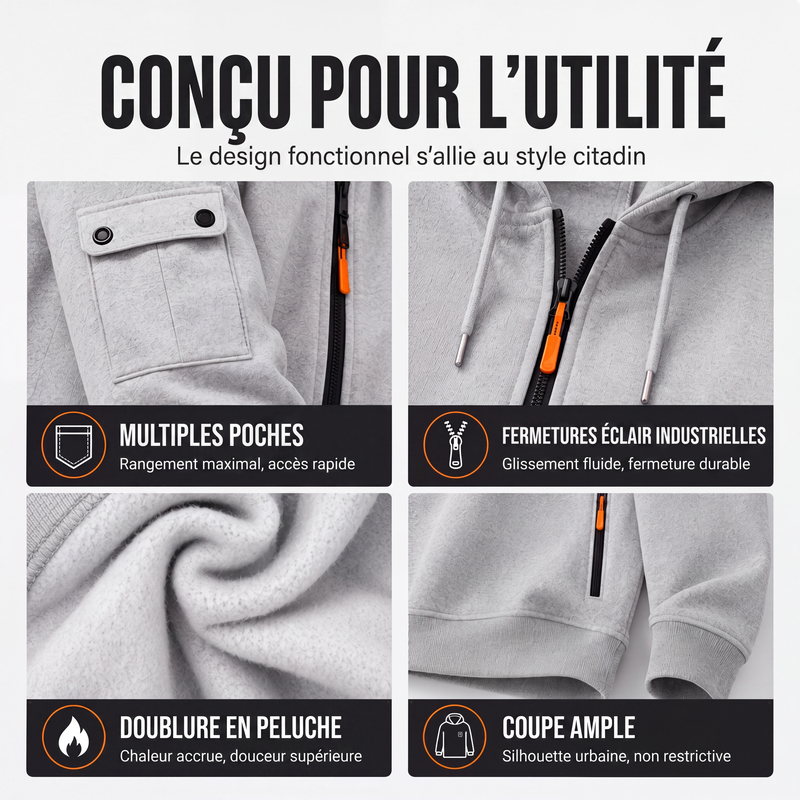 Veste cargo à capuche à fermeture éclair intégrale pour homme