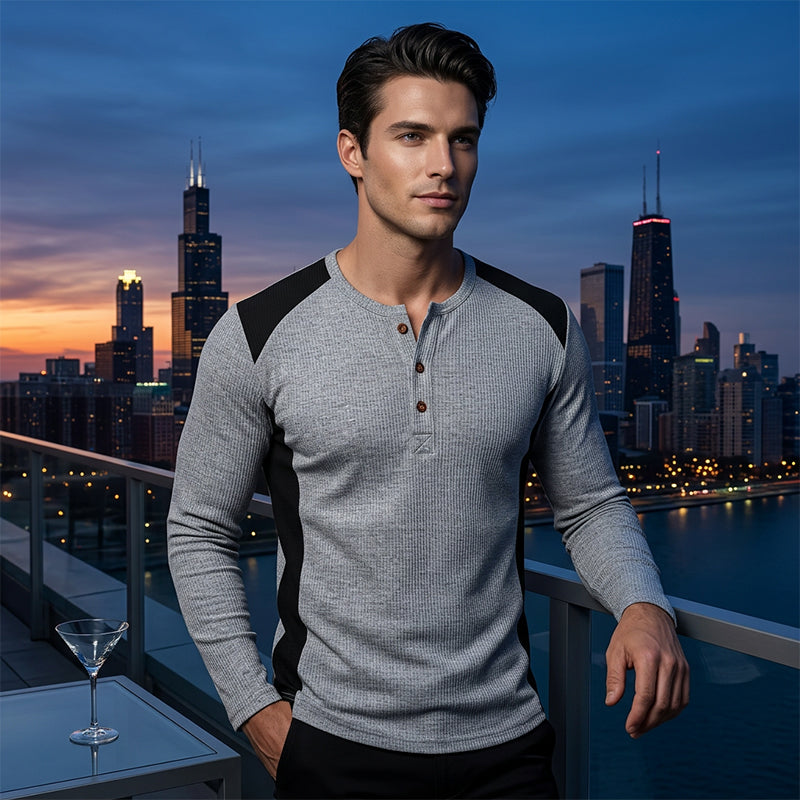 Chemise Henley pour homme en maille gaufrée à blocs de couleurs