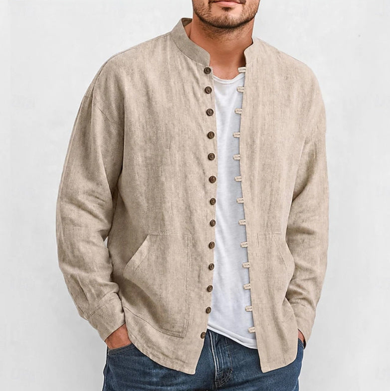 Chemise décontractée à col montant pour homme, manches longues