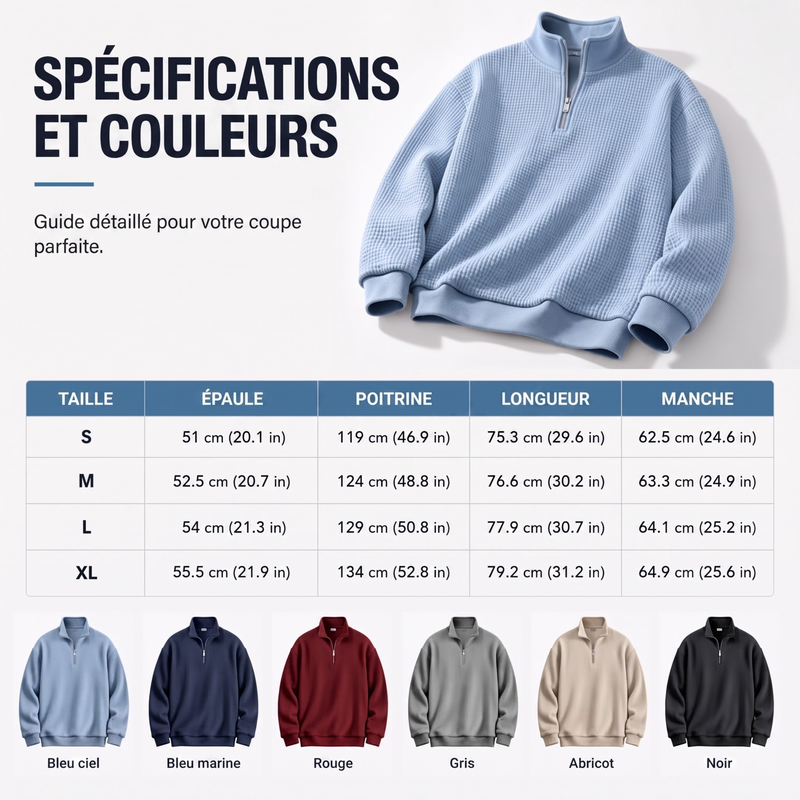 📢📢50 % DE RÉDUCTION !! ⏰ Sweat décontracté pour homme à texture gaufrée, demi-zip