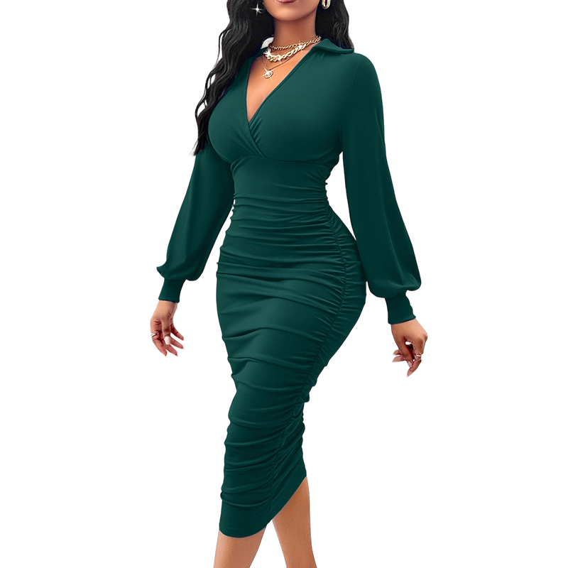Robe moulante à col V, manches lanternes et fronces pour femme
