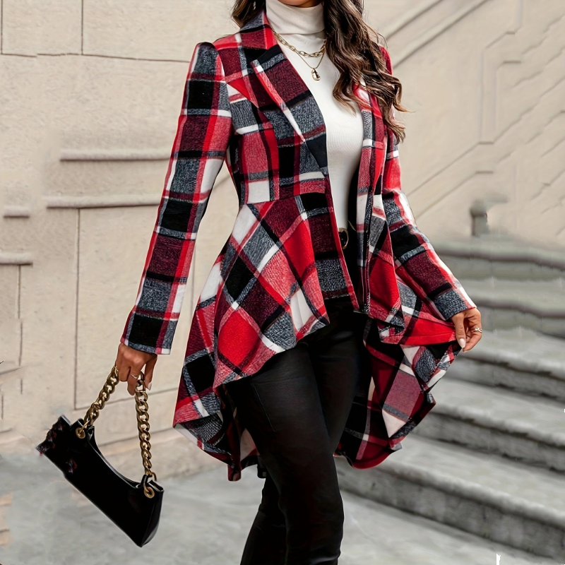 🔥 -50 % | 🧥 Manteau Carreaux Femme – Coupe Peplum & Silhouette Élégante