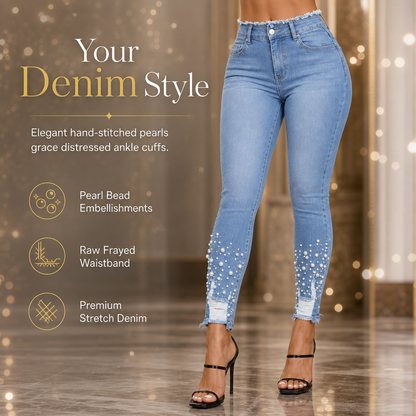 Jean skinny ajusté pour femme, bleu clair, orné de perles, avec taille effilochée et bords déchirés à la cheville