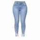 Jean skinny ajusté pour femme, bleu clair, orné de perles, avec taille effilochée et bords déchirés à la cheville