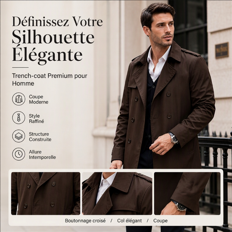 Trench-coat classique pour homme, longueur mi-longue, double boutonnage
