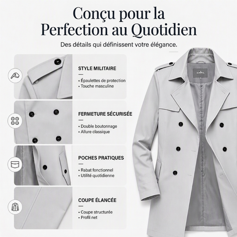 Trench-coat classique pour homme, longueur mi-longue, double boutonnage
