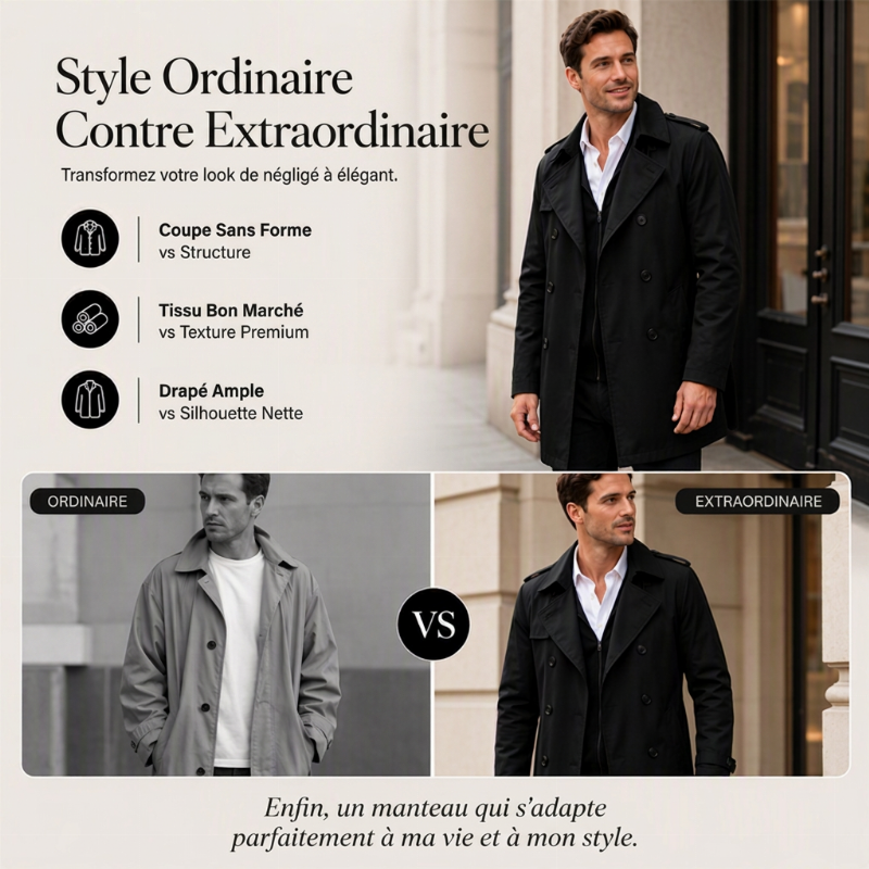 Trench-coat classique pour homme, longueur mi-longue, double boutonnage