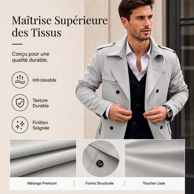 Trench-coat classique pour homme, longueur mi-longue, double boutonnage