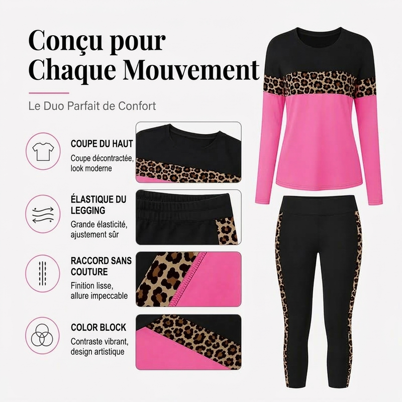 ⏳Liquidation totale!Ensemble 2 pièces décontracté pour femme à imprimé léopard