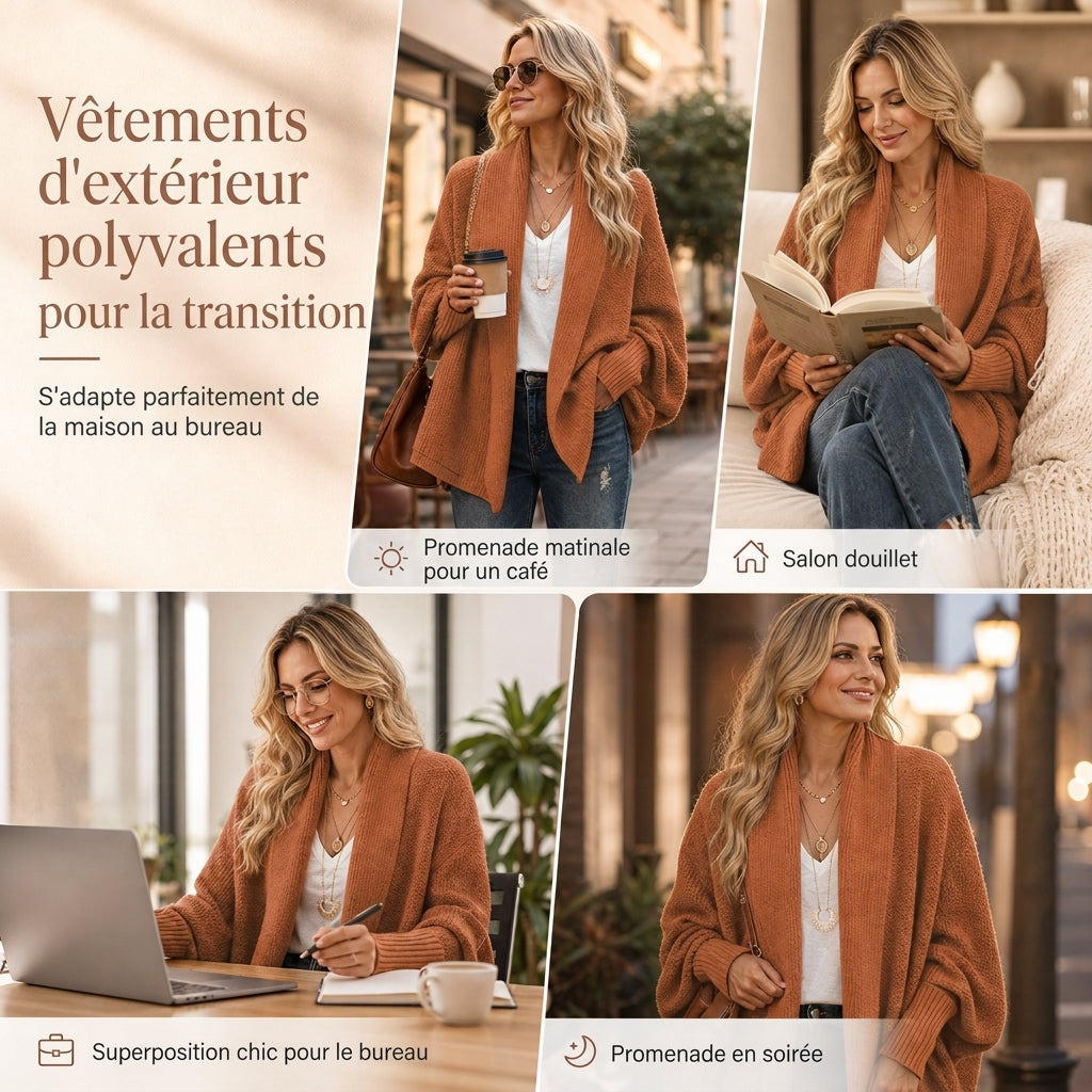 👜 -50 % sur toute la mode femme ! ✨Cardigan en maille femme à manches chauve-souris oversized, avec col châle ouvert, pour l'automne et l'hiver