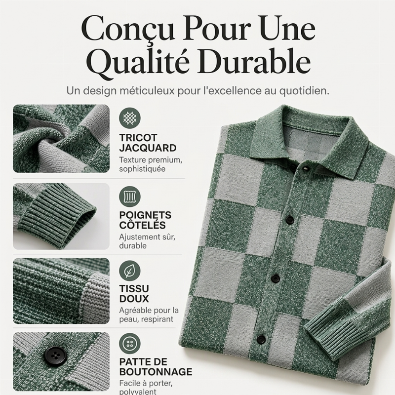 Pull en maille vintage à carreaux pour hommes, boutonnage croisé