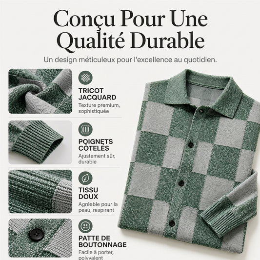 Pull en maille vintage à carreaux pour hommes, boutonnage croisé