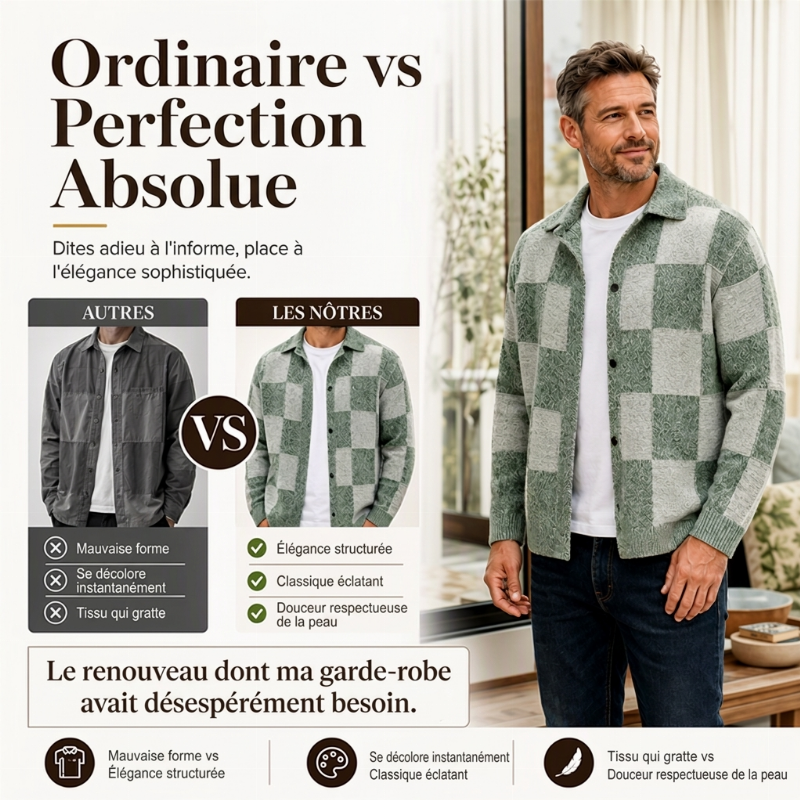 Pull en maille vintage à carreaux pour hommes, boutonnage croisé