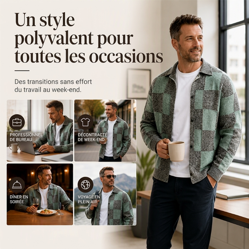Pull en maille vintage à carreaux pour hommes, boutonnage croisé