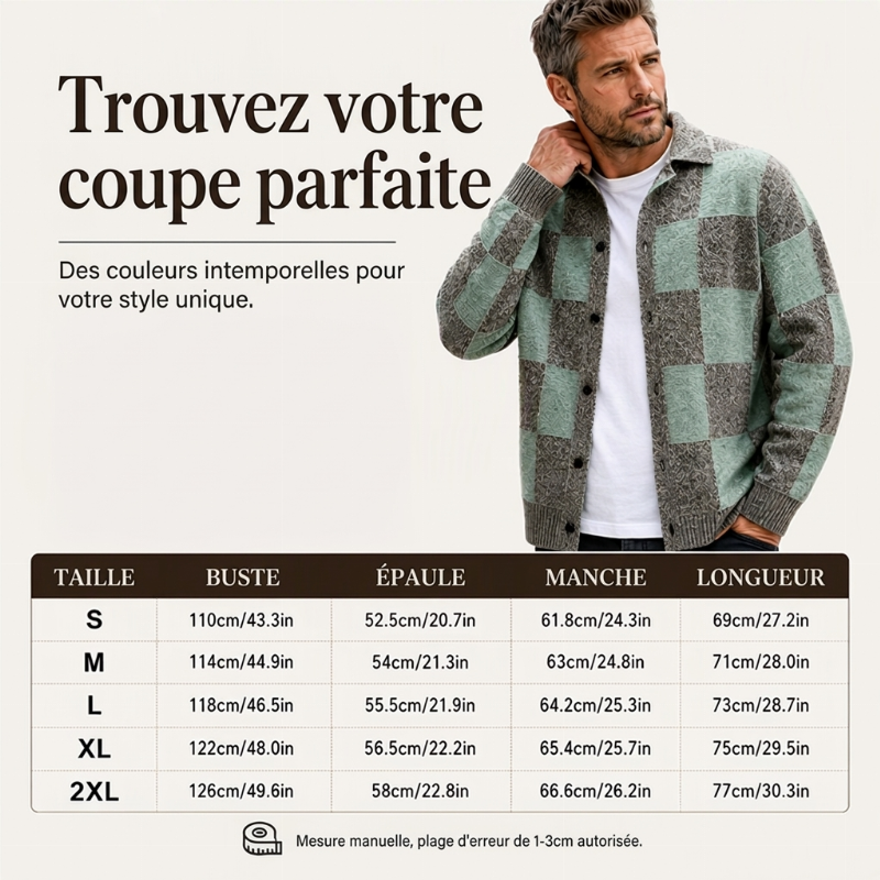 Pull en maille vintage à carreaux pour hommes, boutonnage croisé