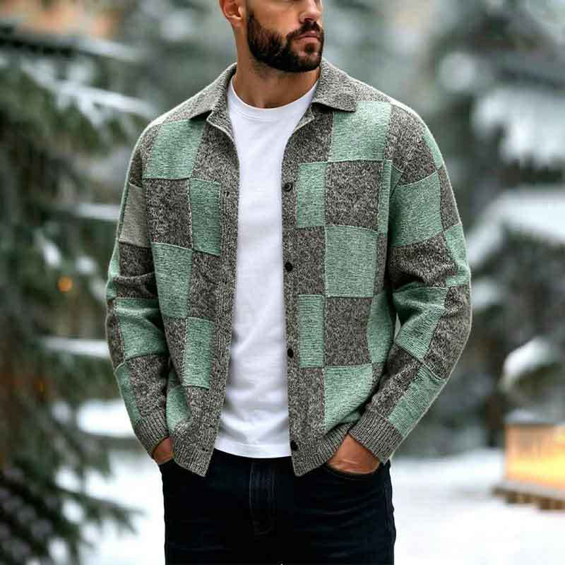 Pull en maille vintage à carreaux pour hommes, boutonnage croisé