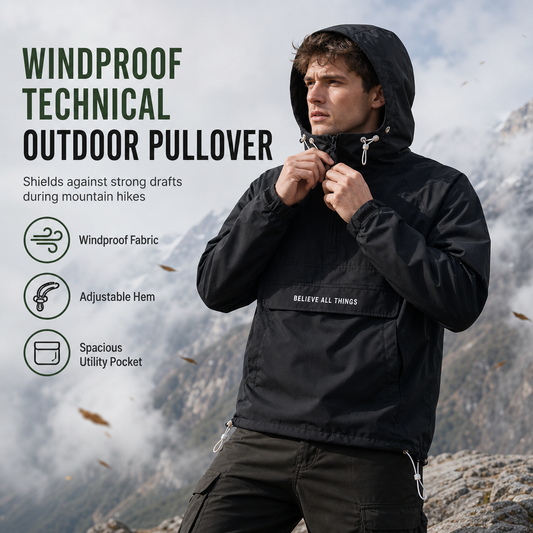 Veste coupe-vent de randonnée à capuche et multiples poches, pour l'extérieur
