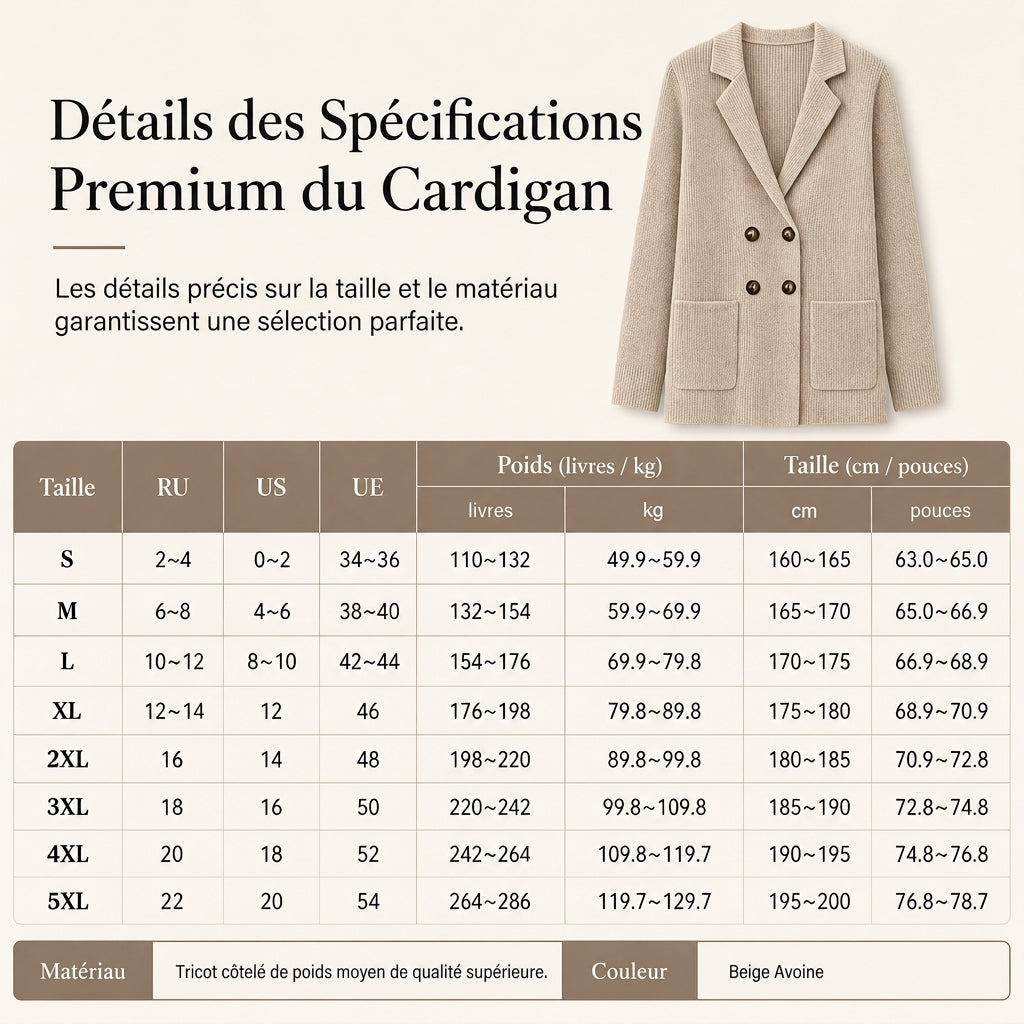 Cardigan en maille côtelée double boutonnage pour femme avec poches et col châle
