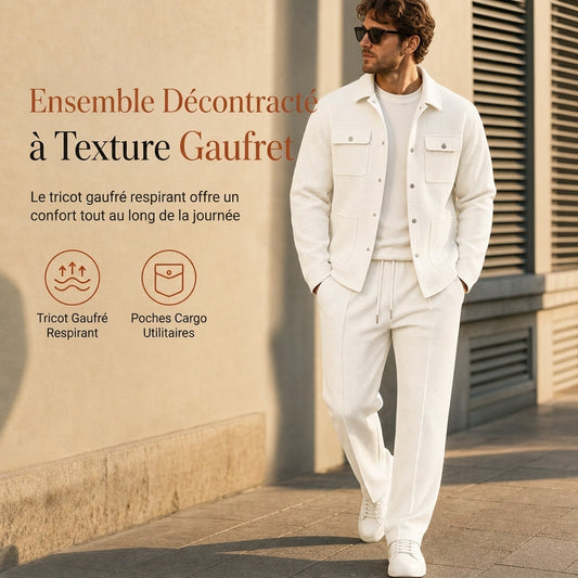 Ensemble veste et pantalon décontracté en maille gaufrée pour homme