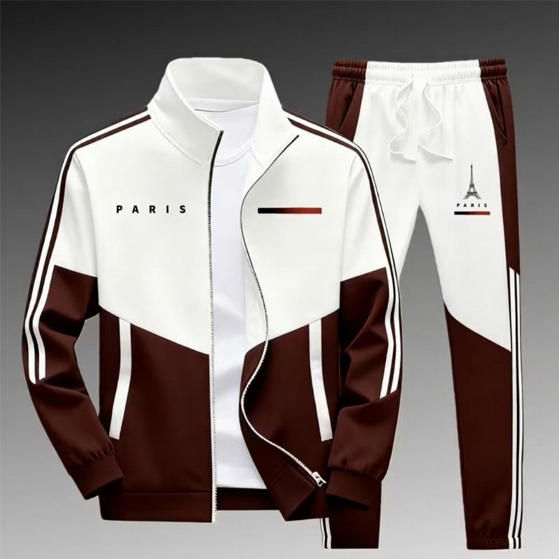 Ensemble Veste Zippée à Bloc de Couleurs et Pantalon à Cordon de Serrage pour Homme