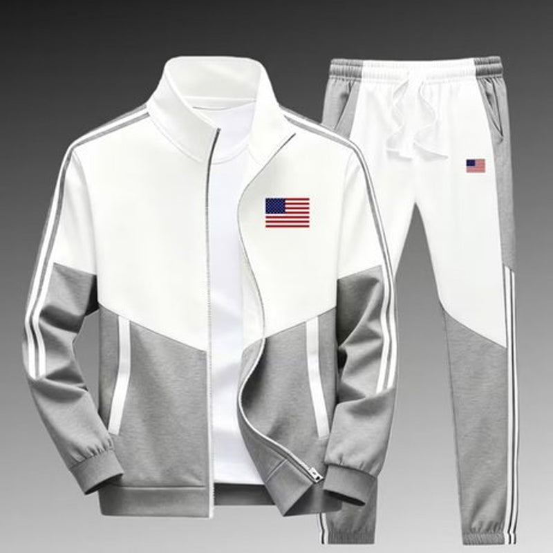 Ensemble Veste Zippée à Bloc de Couleurs et Pantalon à Cordon de Serrage pour Homme