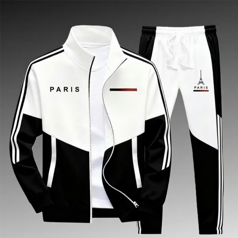 Ensemble Veste Zippée à Bloc de Couleurs et Pantalon à Cordon de Serrage pour Homme
