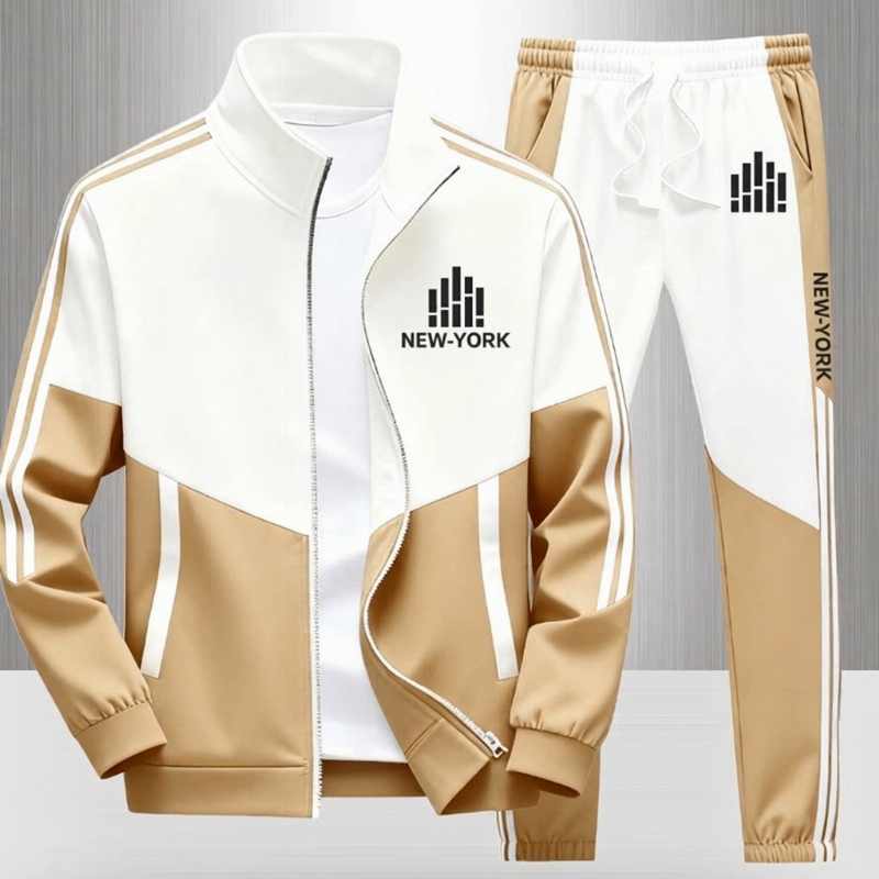 Ensemble Veste Zippée à Bloc de Couleurs et Pantalon à Cordon de Serrage pour Homme