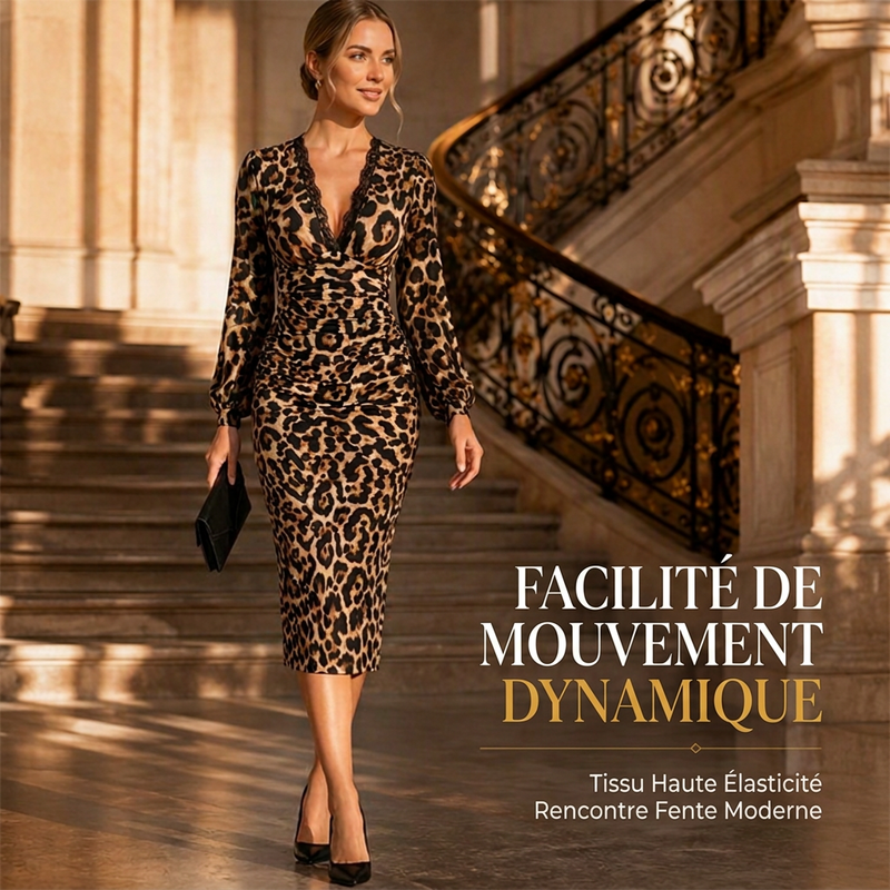🖤 Soldes du Black Friday : -50% 🐆 Robe midi léopard pour femme, col V en dentelle, coupe ruchée flatteuse pour les silhouettes