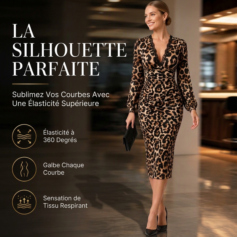 🖤 Soldes du Black Friday : -50% 🐆 Robe midi léopard pour femme, col V en dentelle, coupe ruchée flatteuse pour les silhouettes