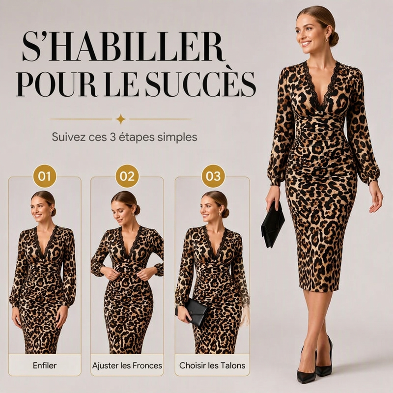 🖤 Soldes du Black Friday : -50% 🐆 Robe midi léopard pour femme, col V en dentelle, coupe ruchée flatteuse pour les silhouettes