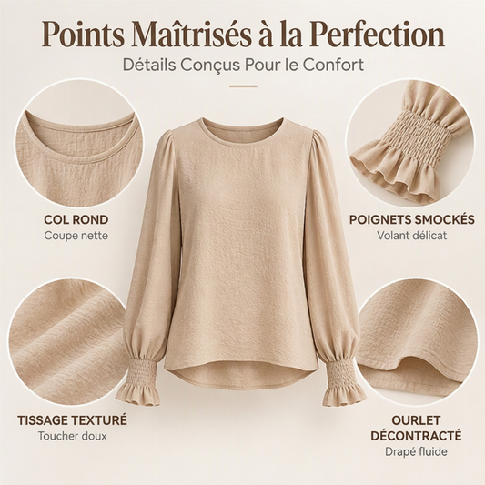 Haut élégant pour femme avec col rond et poignets smockés
