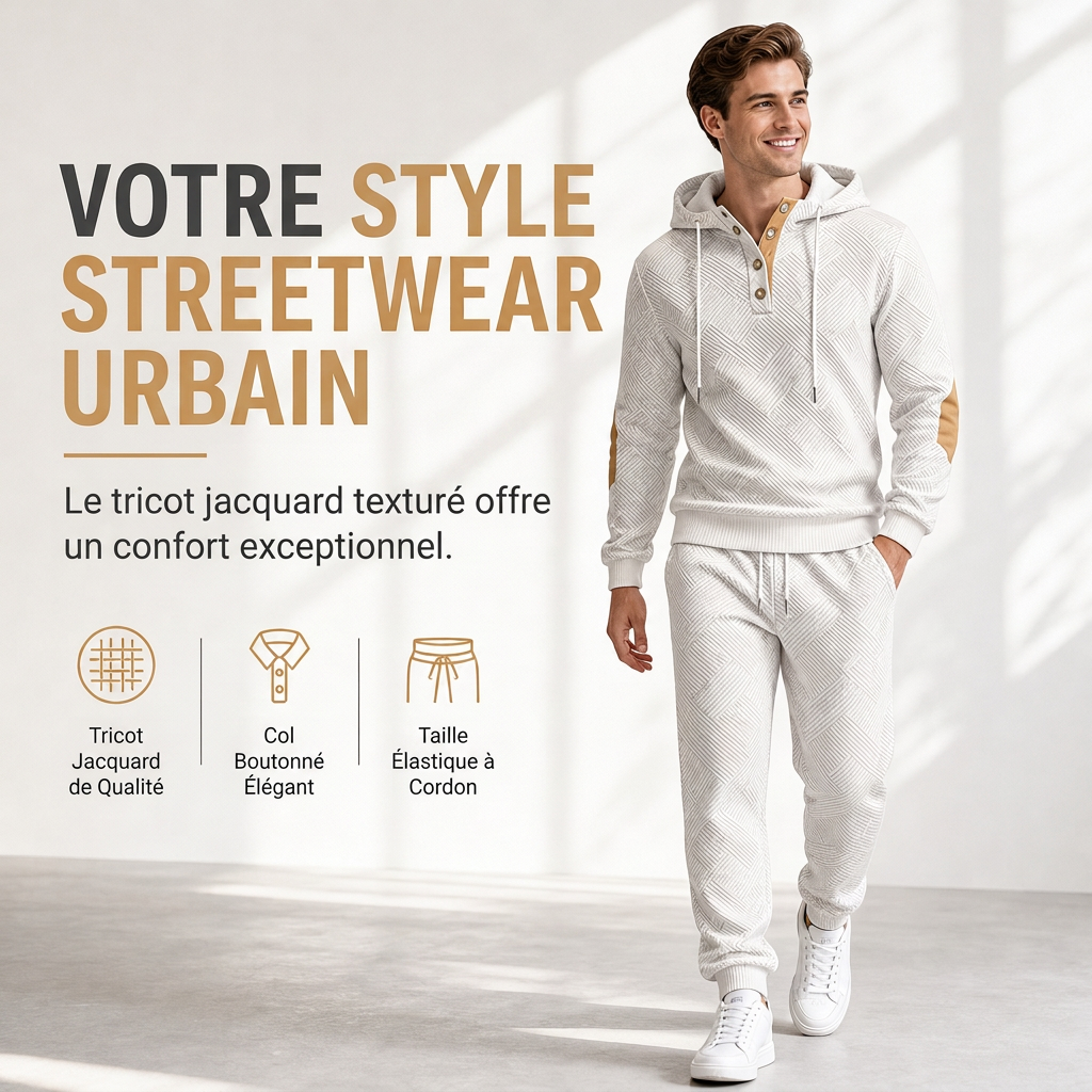 Ensemble de survêtement 2 pièces en jacquard pour homme, sweat à capuche et pantalon de survêtement décontractés pour automne-hiver